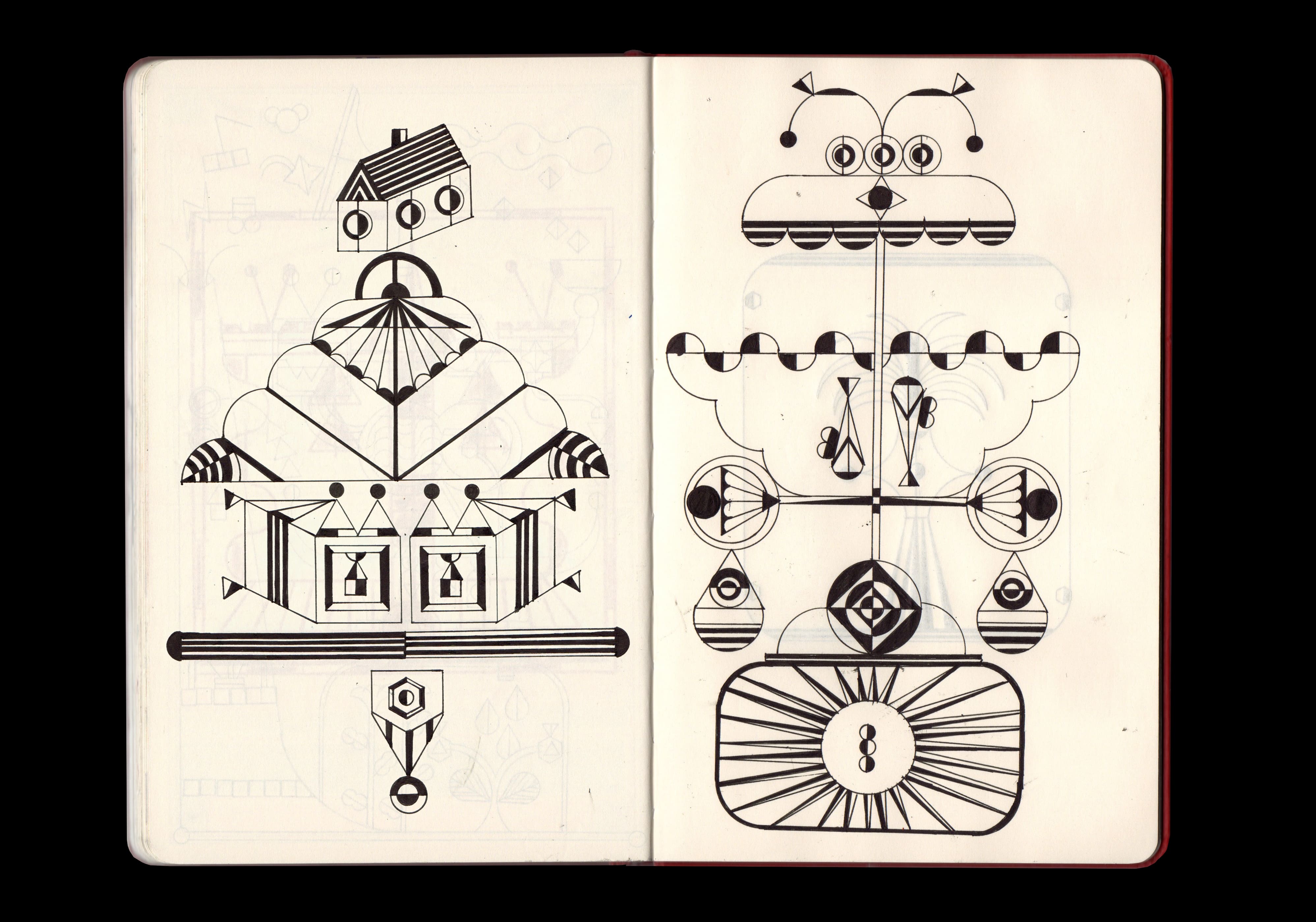 Carnet, illustration au normographe au trait noir